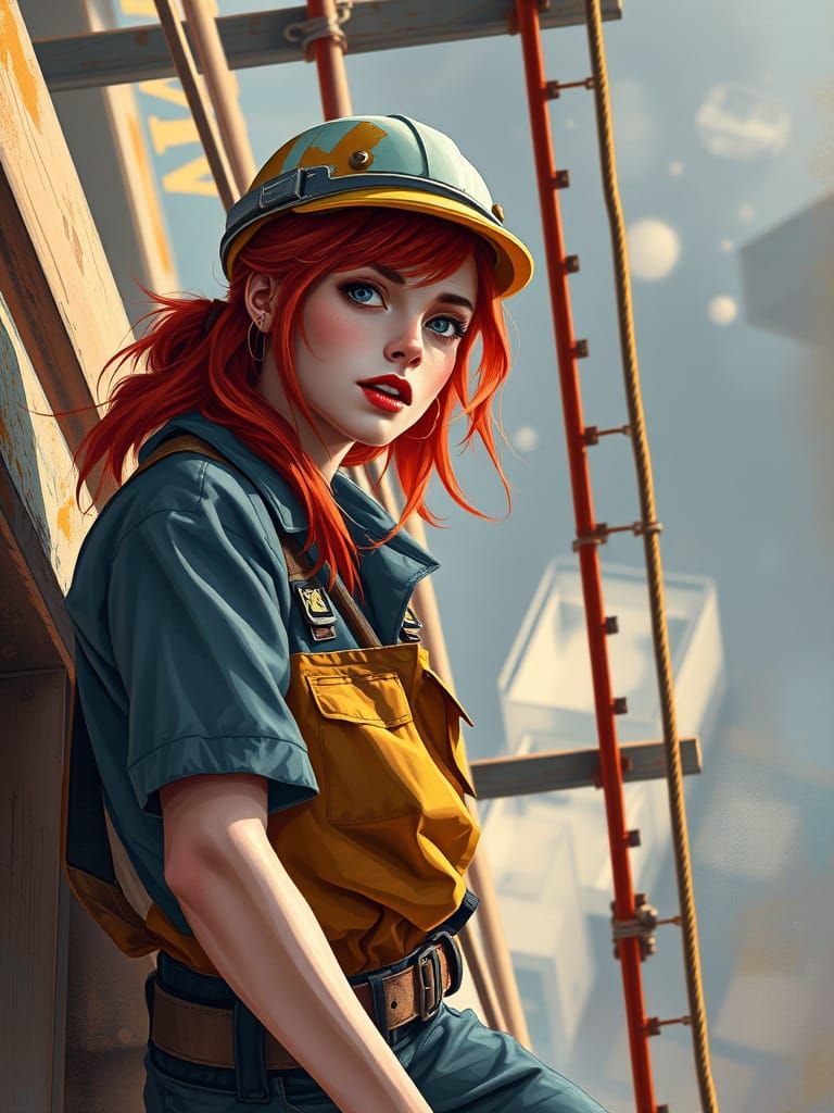 Stylized Red-Haired Woman on Scaffolding, Digital Painting