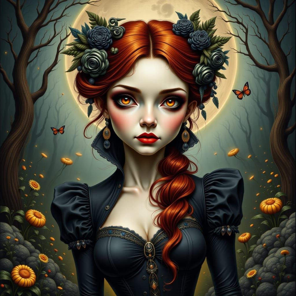 Whimsical Red-Haired Woman in Victorian Style