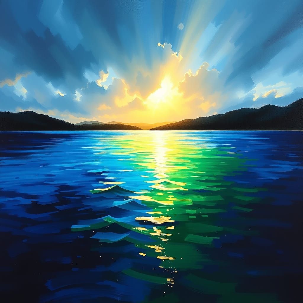 Oil painting of lake two colours