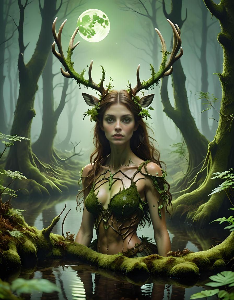 Spanish Woman with Antlers in Magical Forest