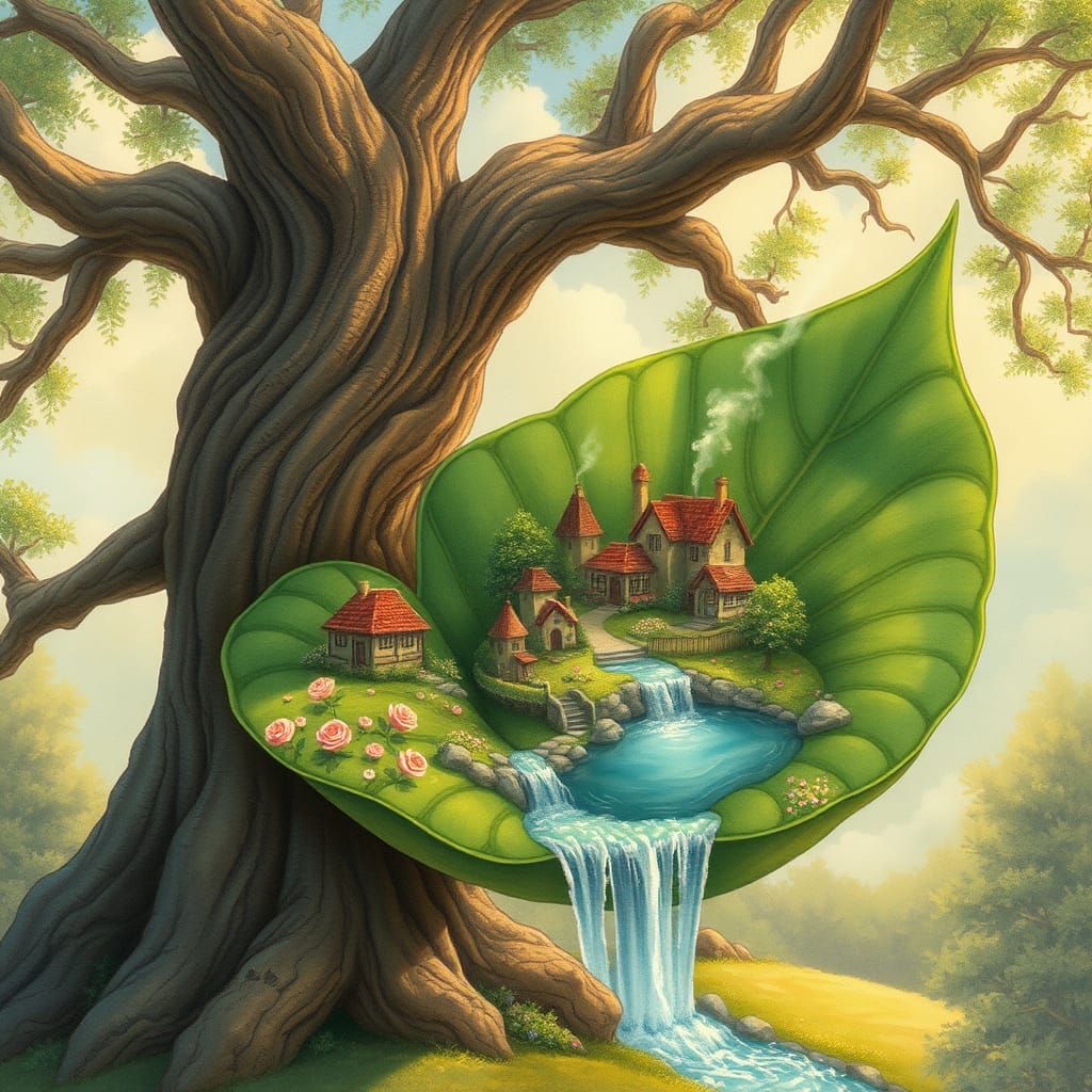 Village Inside Leaf on Ancient Tree, Fantasy Illustration