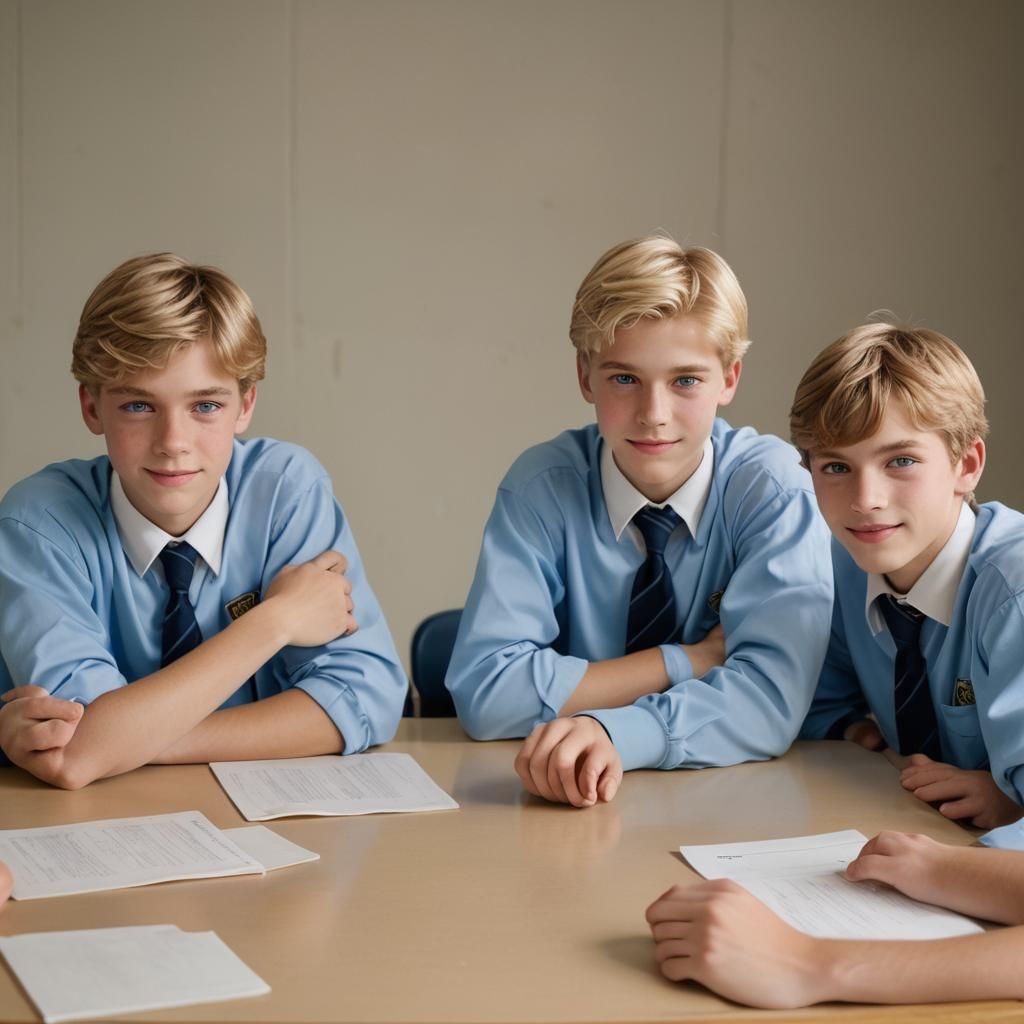 Teenage Boys in Blue Uniforms, Studio Portrait