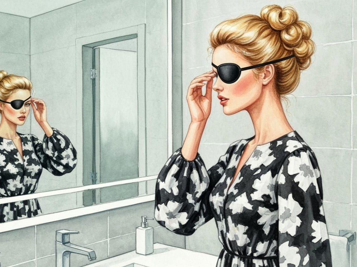 Elegant Woman Adjusts Eyepatch in Watercolor Style