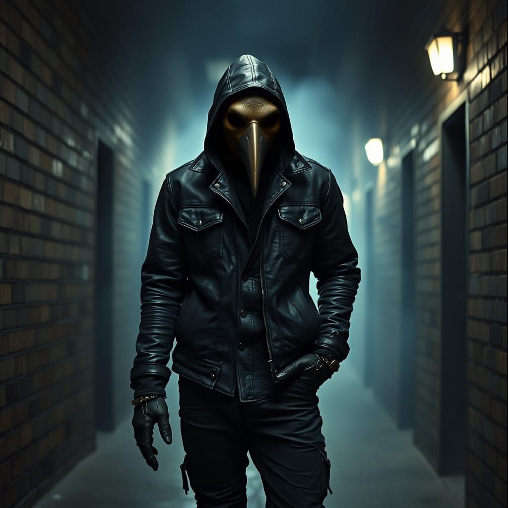 Mysterious Biker Plague Doctor in Dark Alleyway