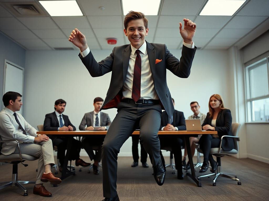 Suit-Wearing Slacker Busts Out Funky Chicken Dance in Office