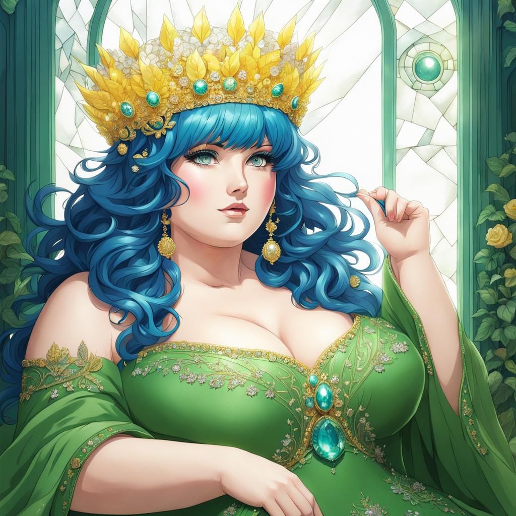 Cute Plus Size Woman with Crystal Crown, Anime Style