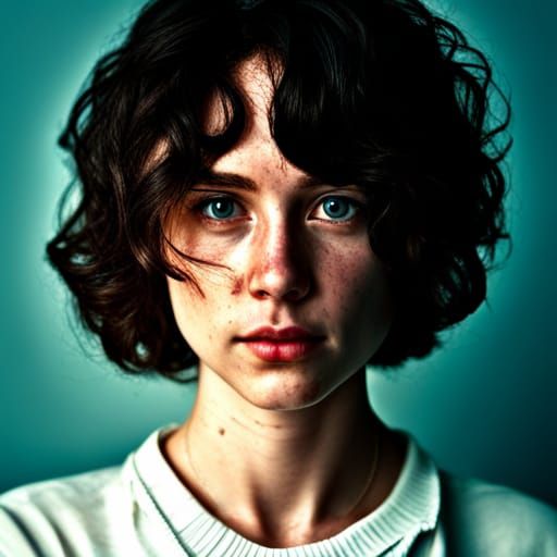 Hyperrealistic Portrait of a Freckled Curly-Haired Girl