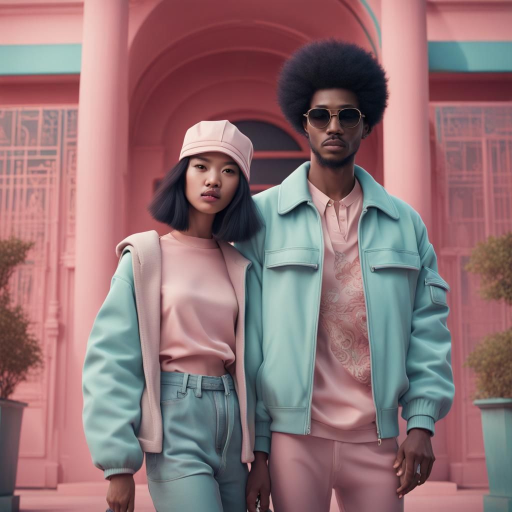 Pastel Vogue Photoshoot of a Couple in Wes Anderson Style