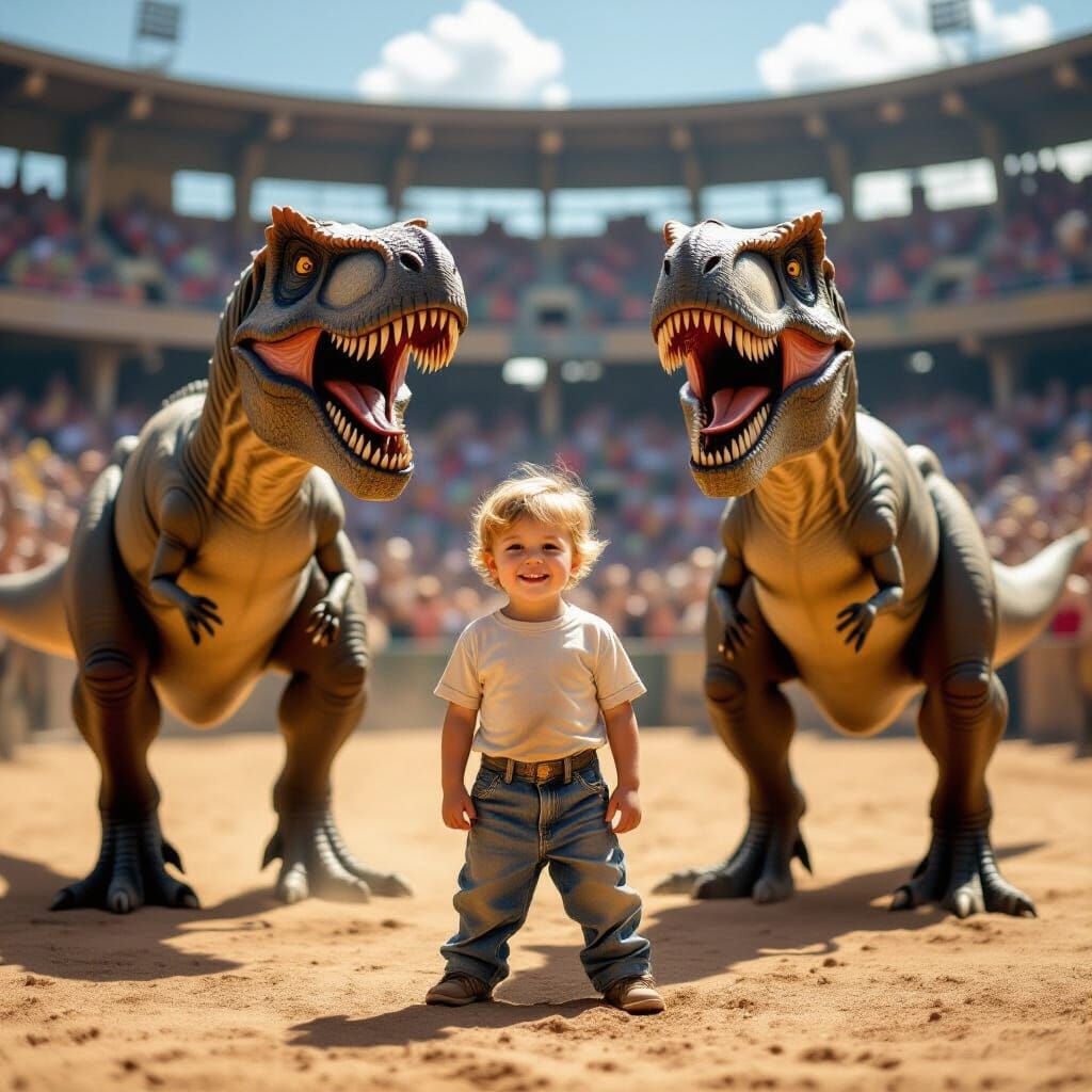 Boy Jindra Between T-Rex on Vintage Wrestling Poster