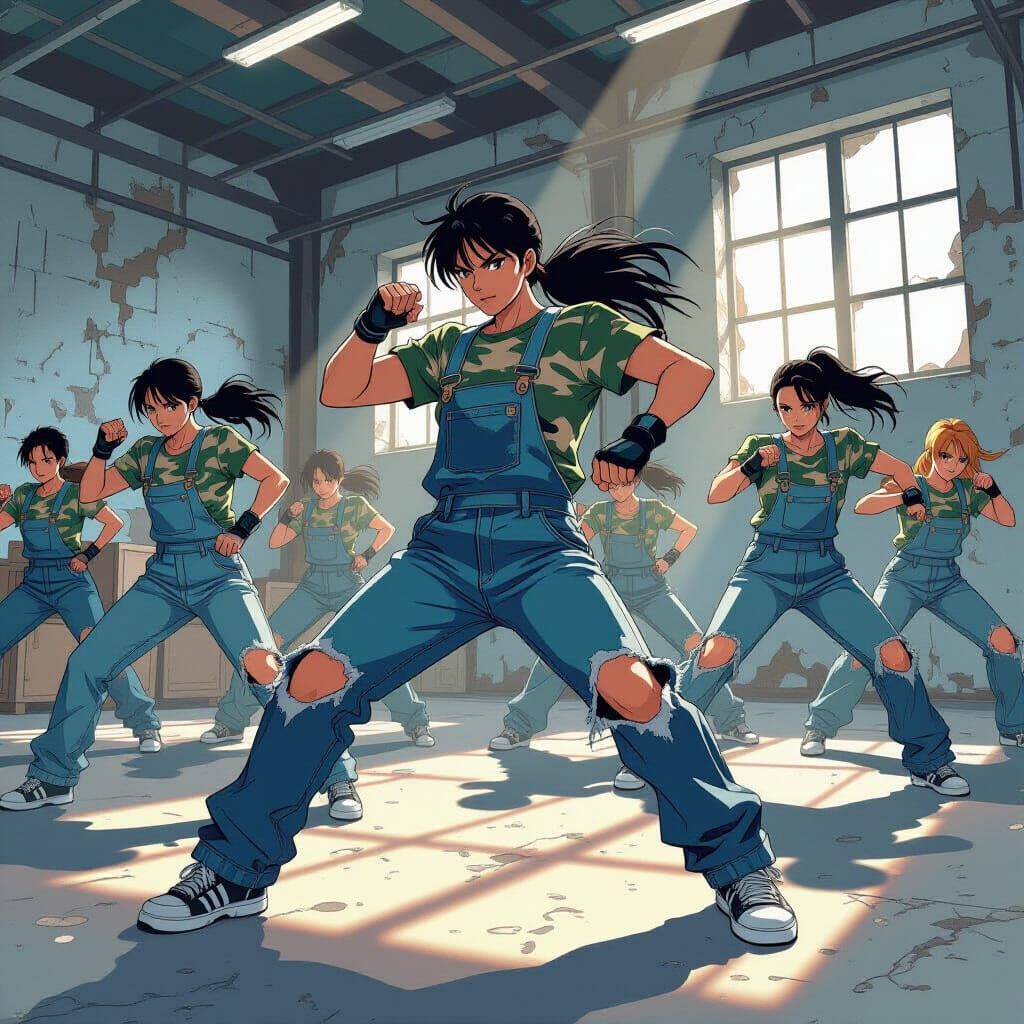 Dancers in Camouflage Overalls: Energetic Routine in Industr...