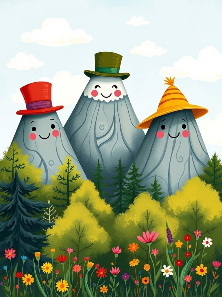 Whimsical Mountains in Happy Hats, Storybook Illustration