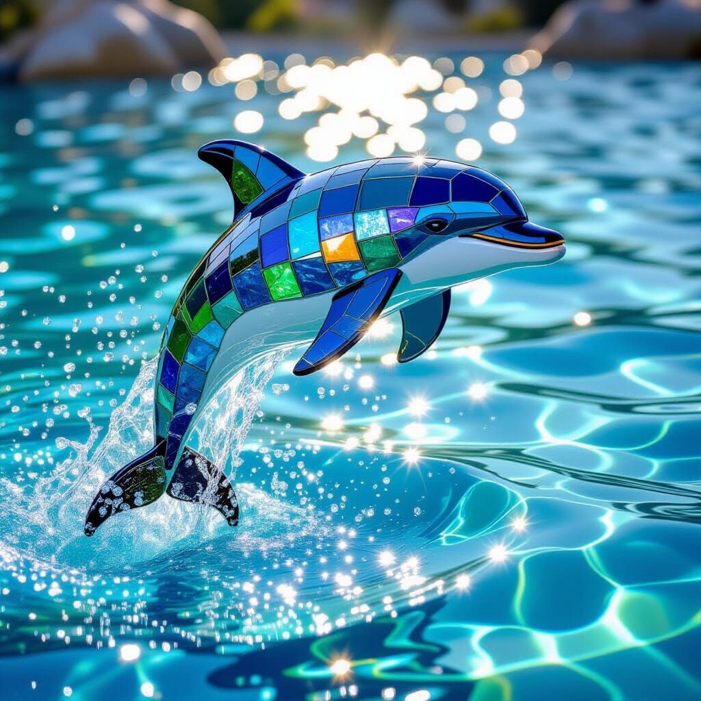 Sea Glass Dolphin Sculpture Leaping from Glass Ocean