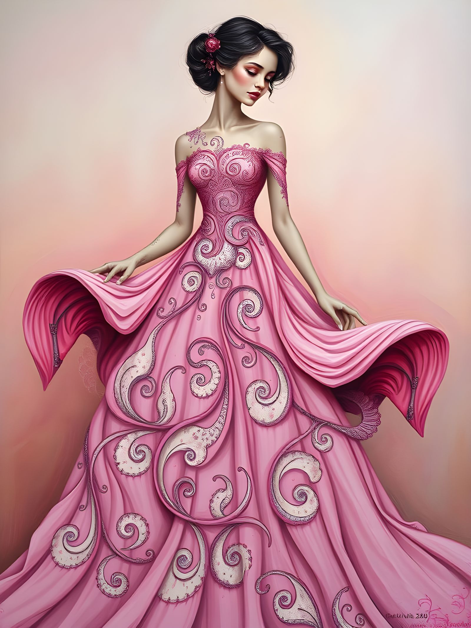 Whimsical Lady in Pastel Hues with Intricate Patterns