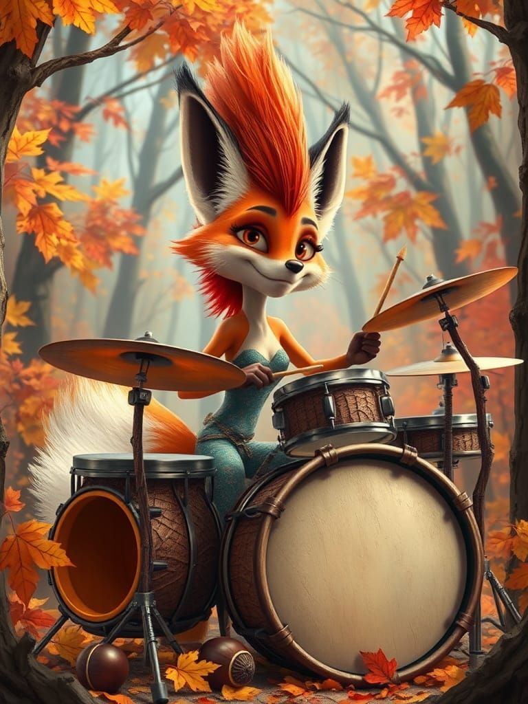 Female Fox Drummer in Pixar Style