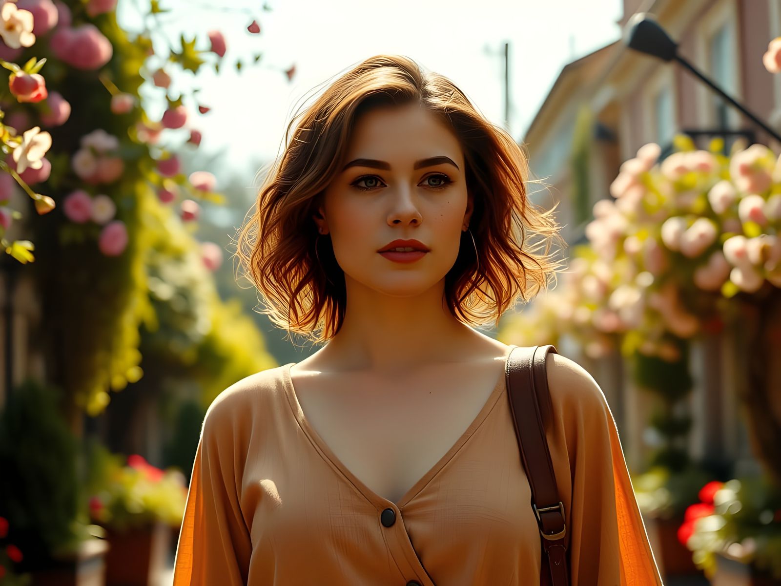 Freckled Woman Strolls Down Spring Street in Cinematic Style