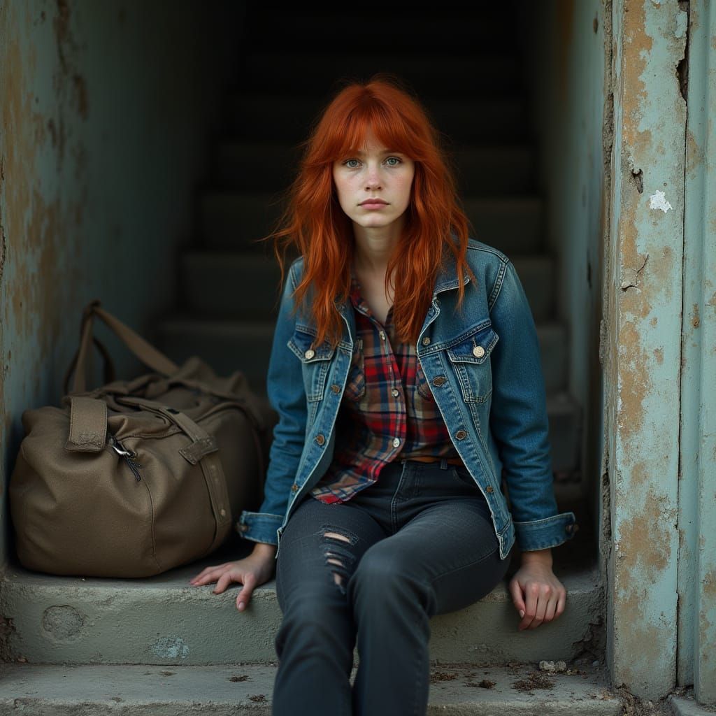 Realistic Photo of a Woman in Decaying Tenement
