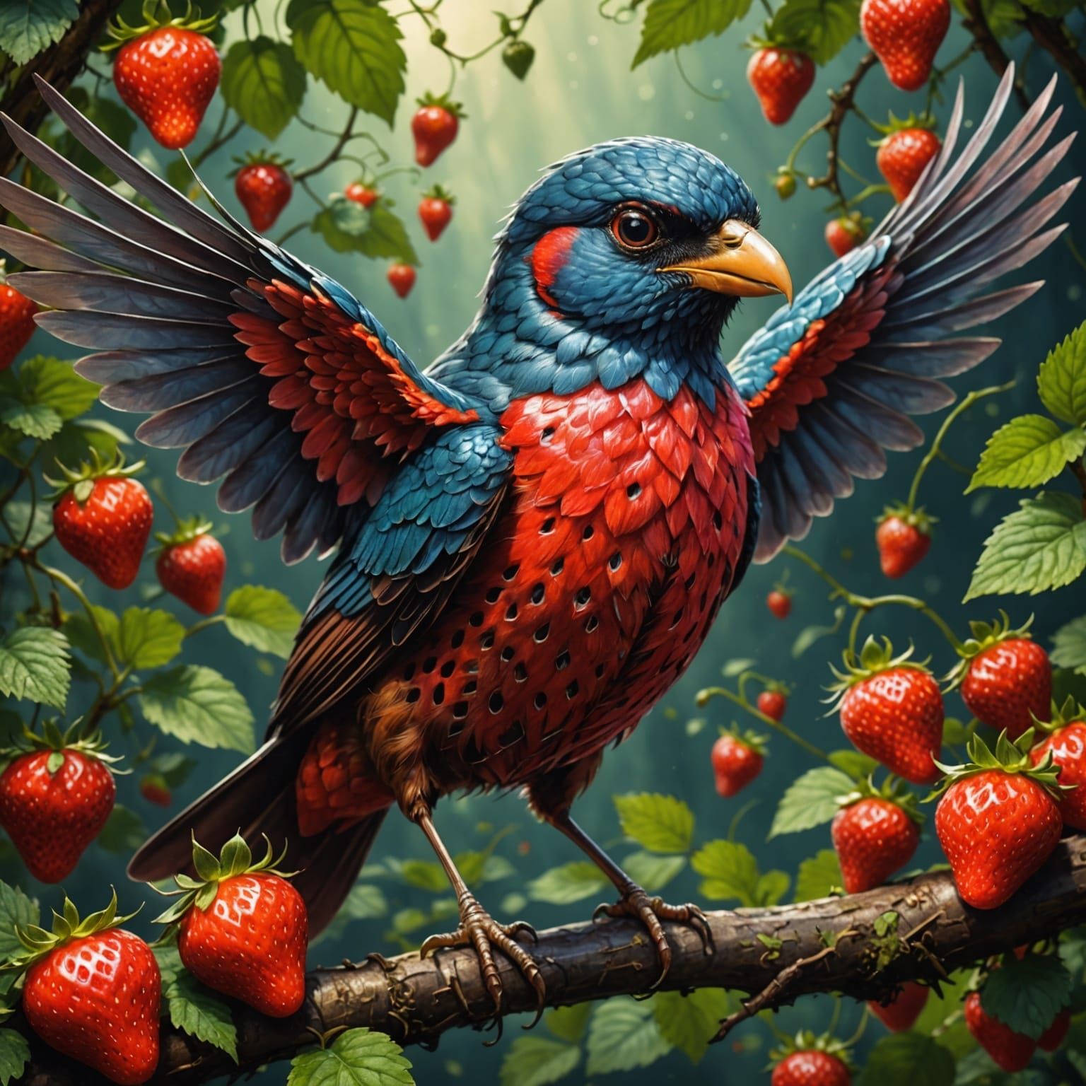 Hyperdetailed Strawberry Bird in Dark Fantasy Style