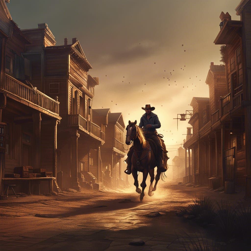 Cowboy Rides Through Old Western Town in Dark Fantasy