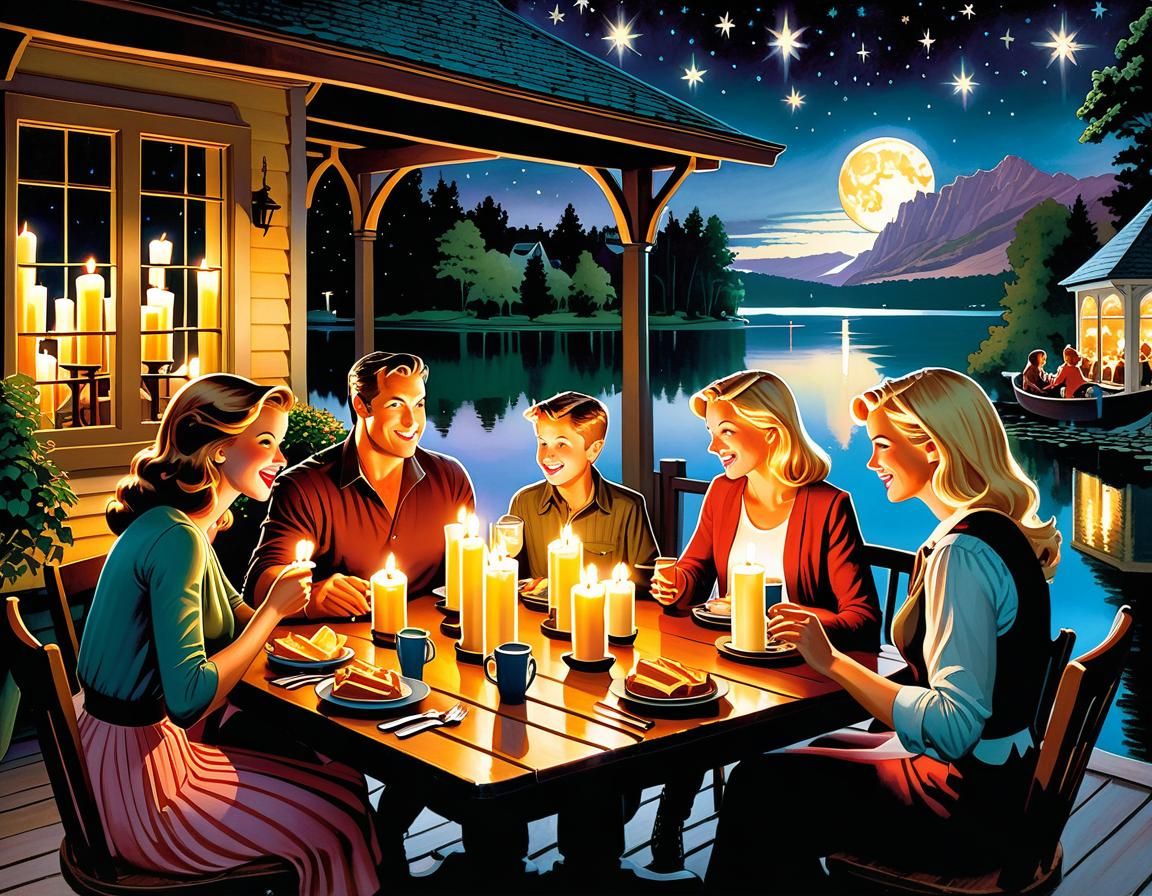 Family Dinner by Candlelight: Gouache Impressionist Painting