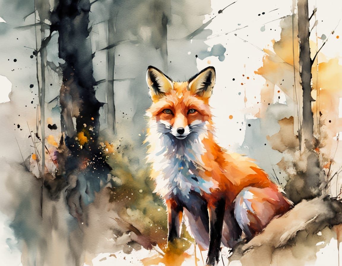 Attentive Fox and Cub in Watercolor Style