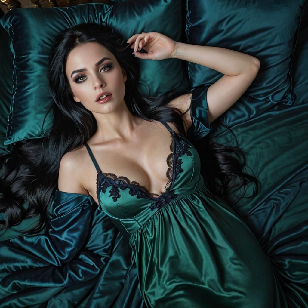 Beautiful Goth Woman in Dark Green Velvet Sheets