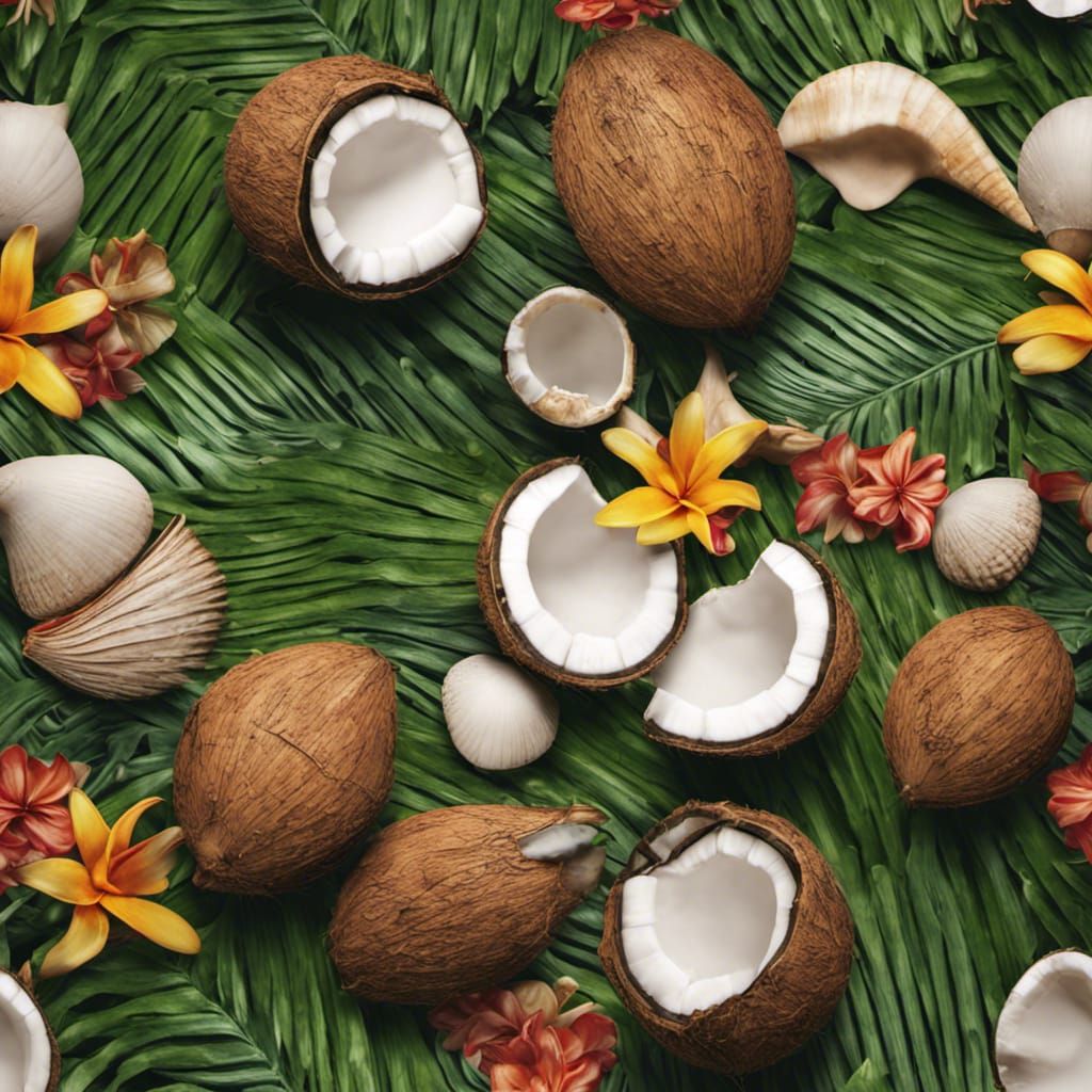 Tropical Still Life with Coconuts and Tiare Flowers