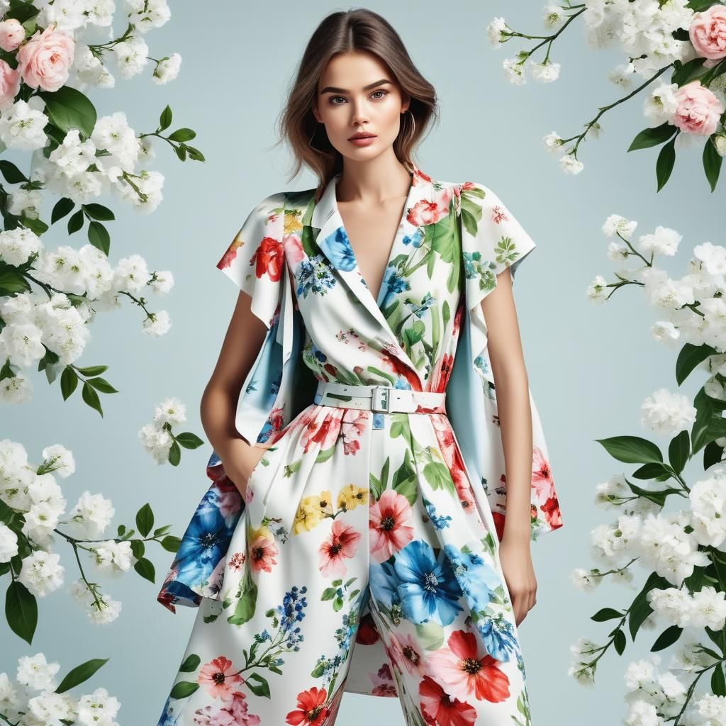 Floral Fashion Model on White Background