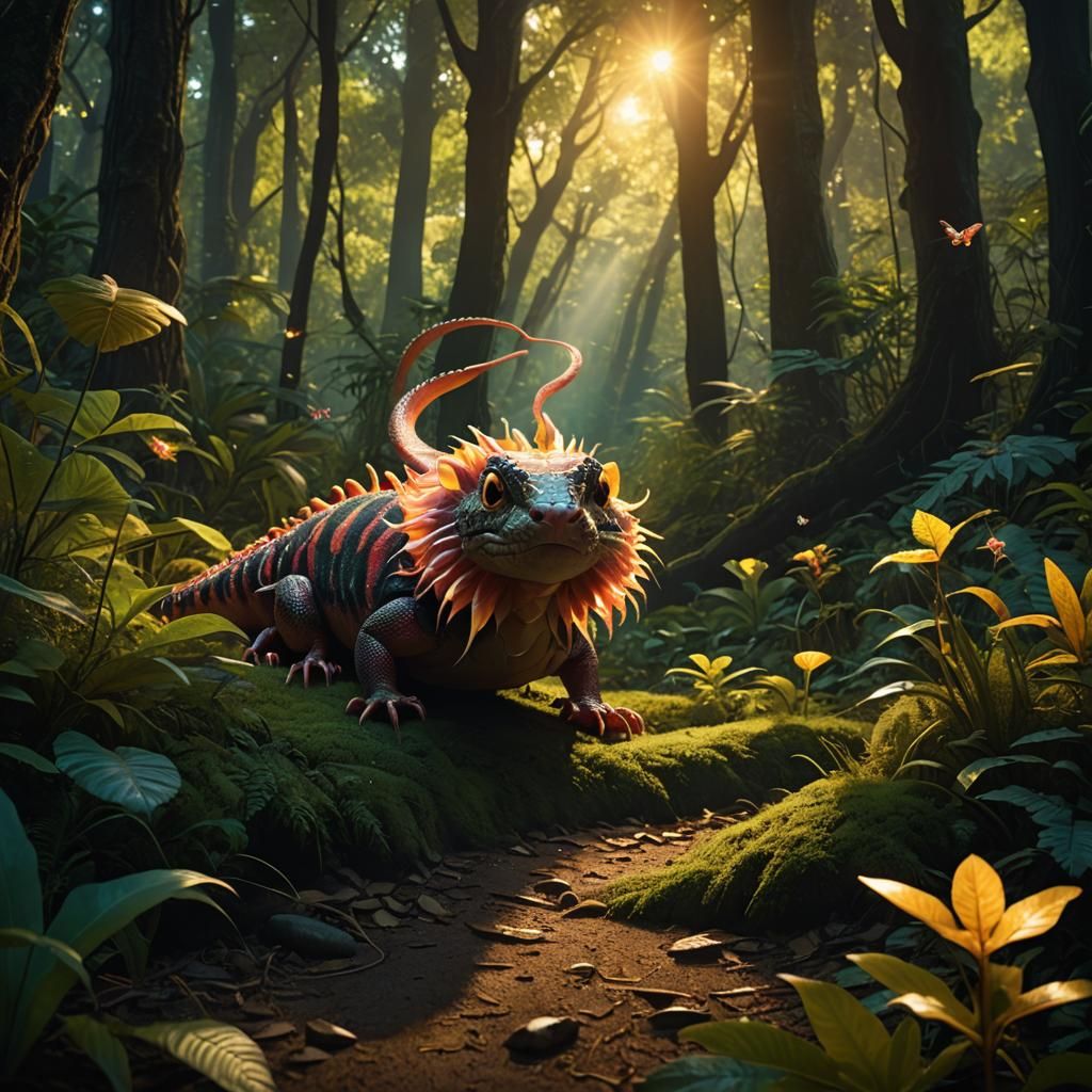 Surreal Snake Axolotl Lion Hybrid in Woods