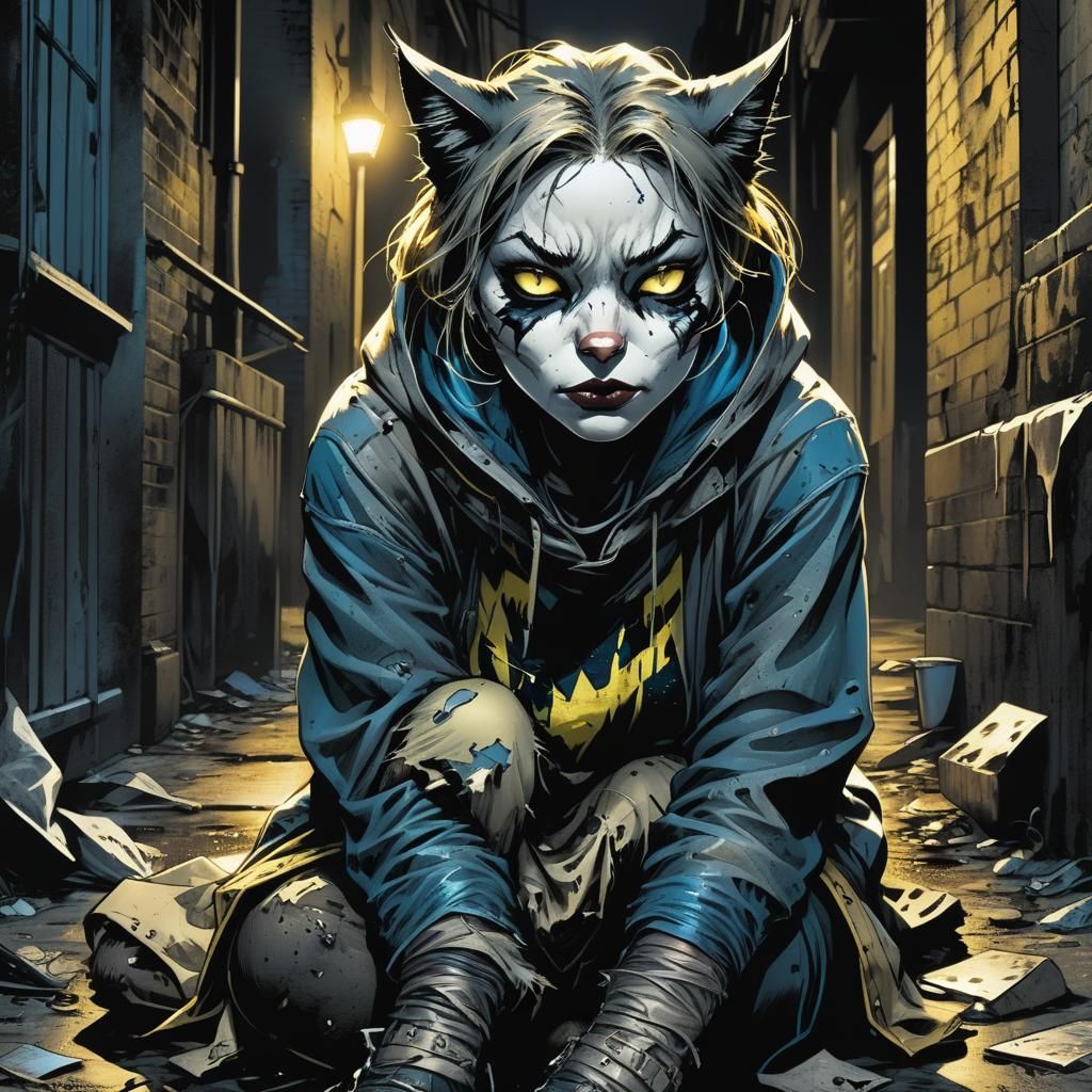 Gritty Comic Art of Cat Hybrid in Alleyway