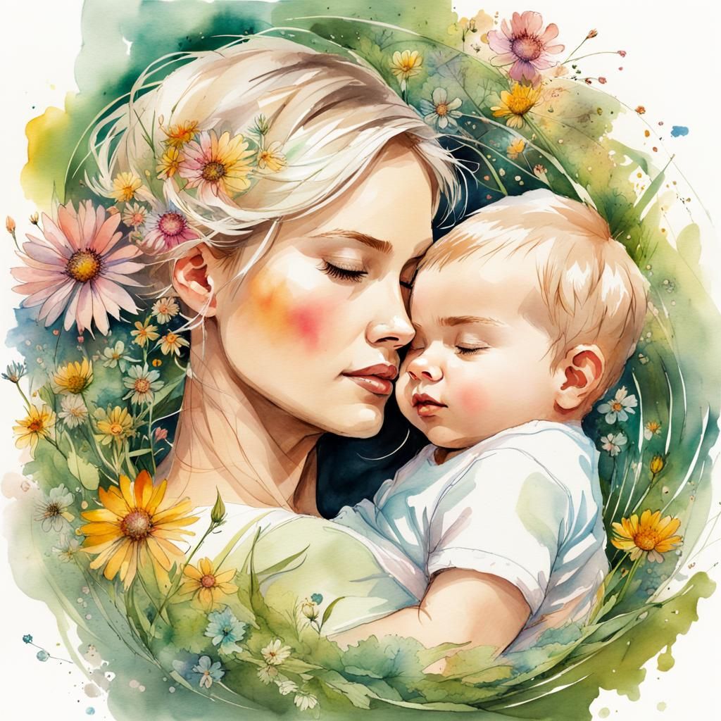 Whimsical Watercolor: Mother and Child in Wildflowers
