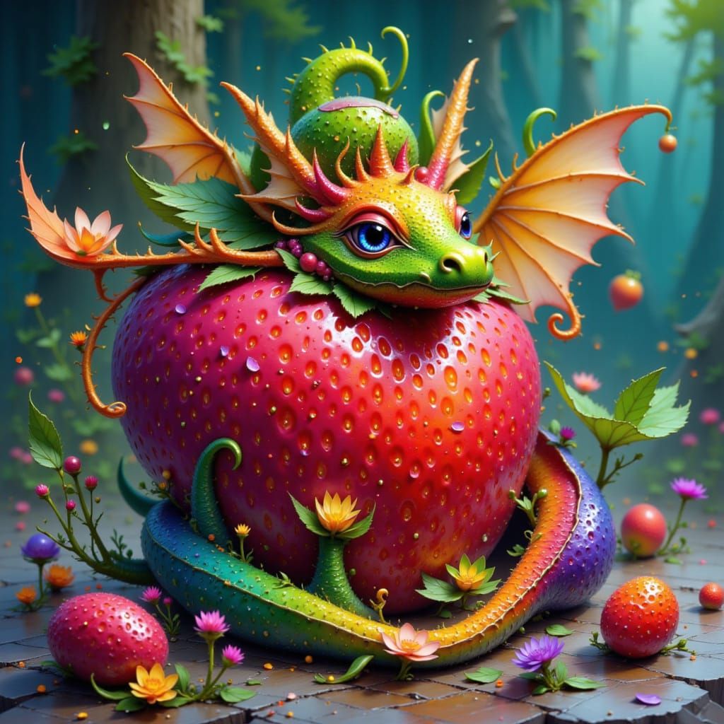 Dragon and Strawberry Fusion in Colorful Fantasy Style