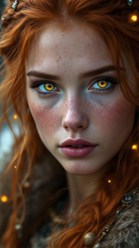 Ethereal Viking Queen with Fiery Amber Eyes