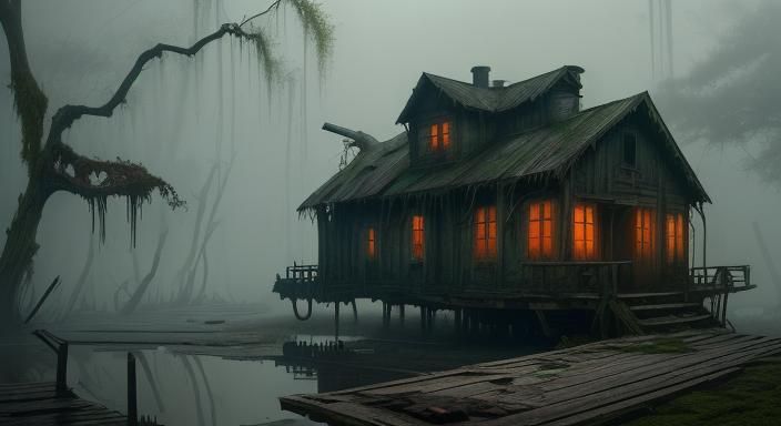 Sinister Abandoned Houseboat in Foggy Swamp