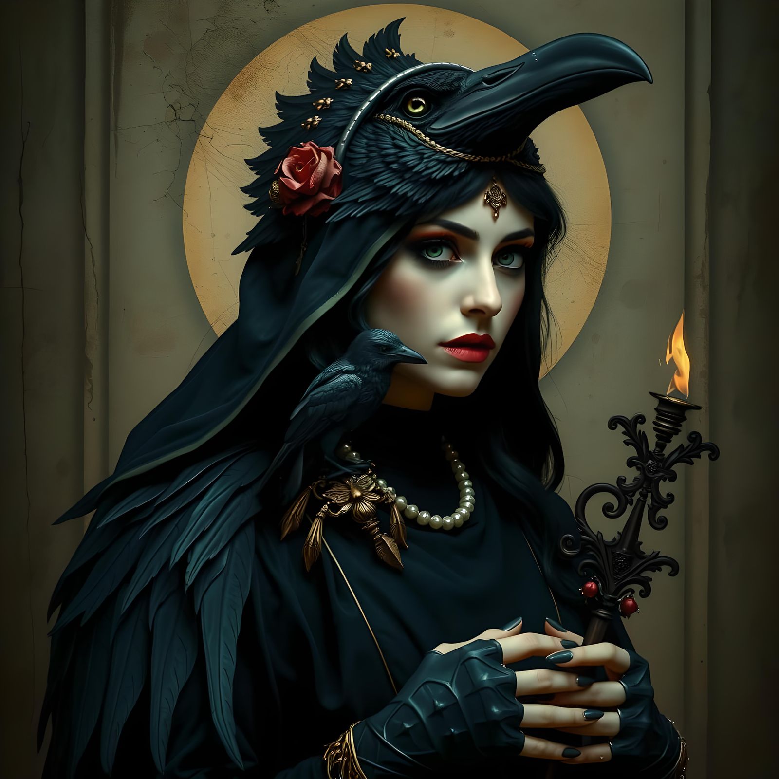 Sorceress and Raven Portrait in Grunge Style
