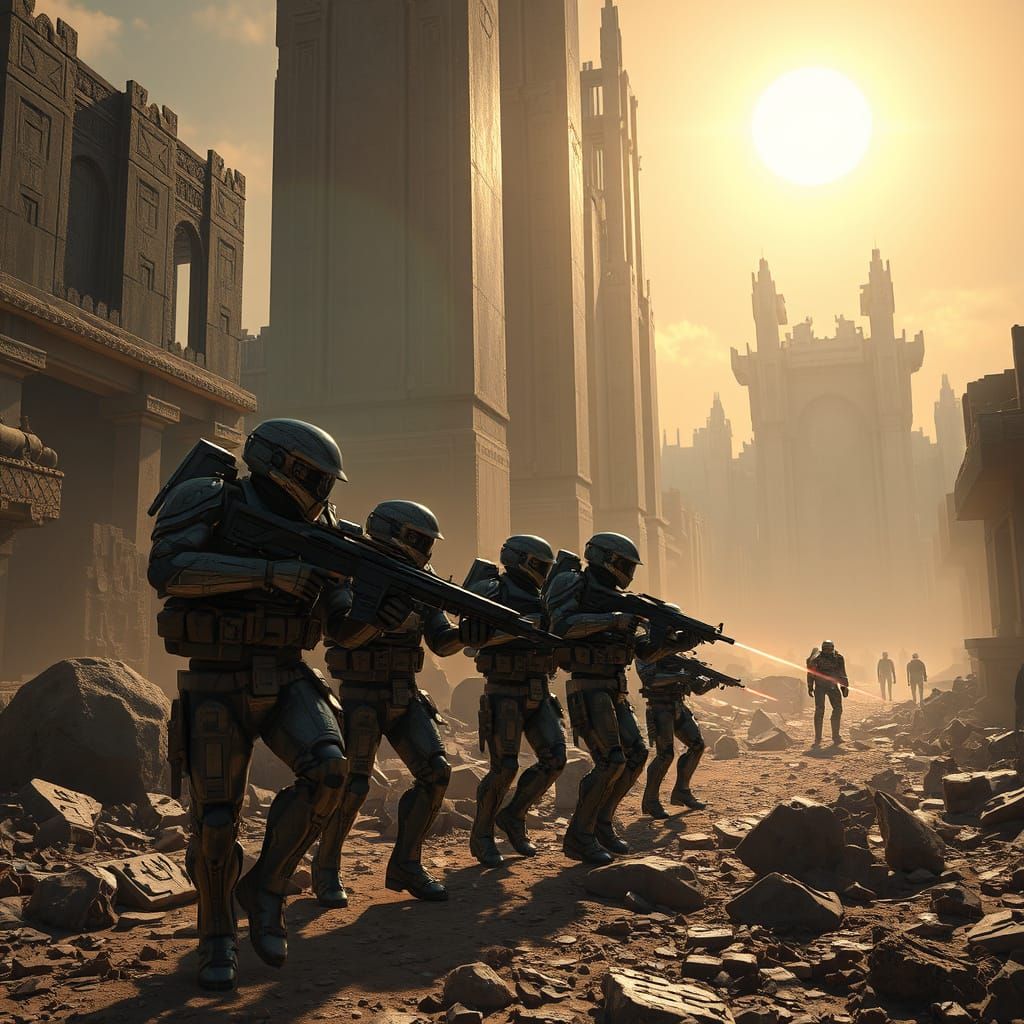 Futuristic Soldiers Explore Alien City Ruins