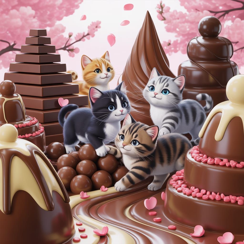 Cats Celebrate Valentine's Day in Chocolate Dessert Landscap...