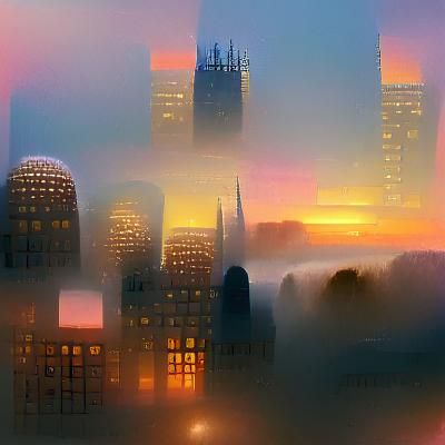Foggy Cityscape at Sunset
