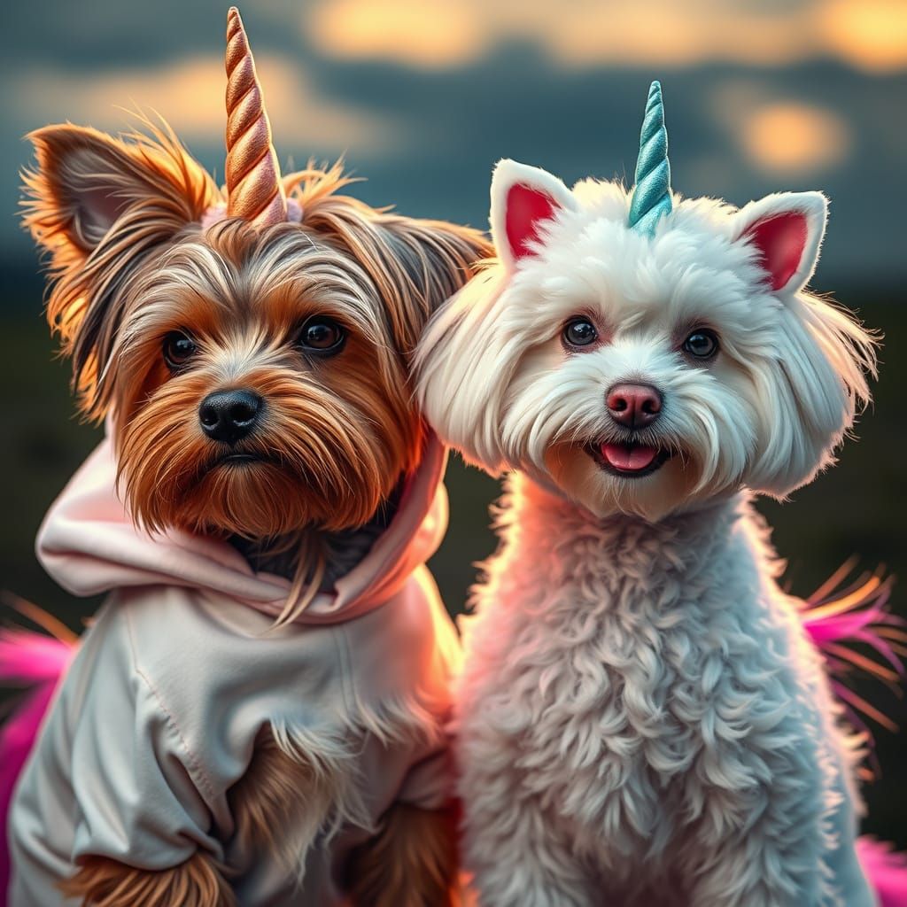 Whimsical Canine Unicorns Emerge from Stormy Evening Hues