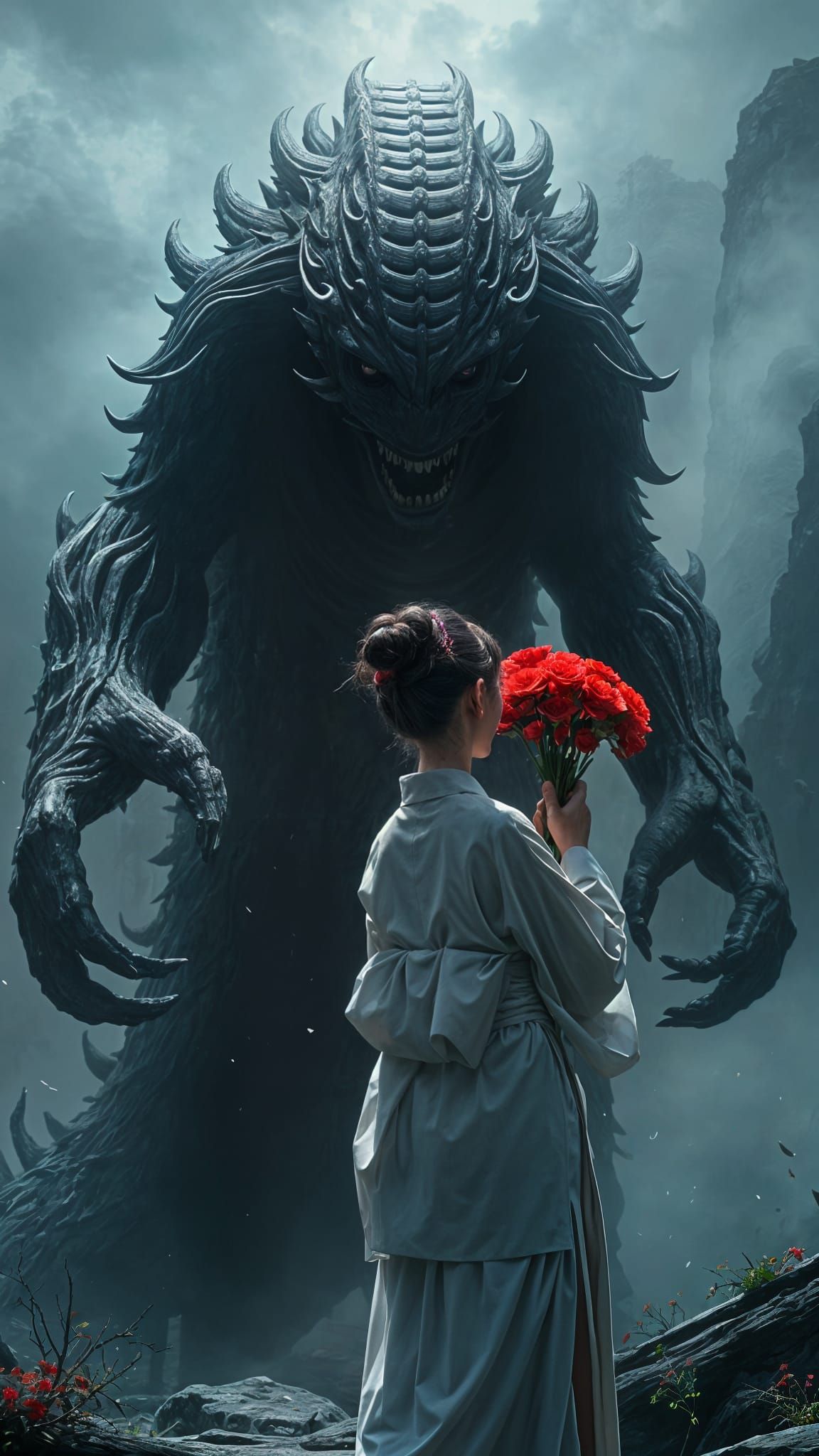 Terrifying Beast Offers Flowers to Girl in Kimono