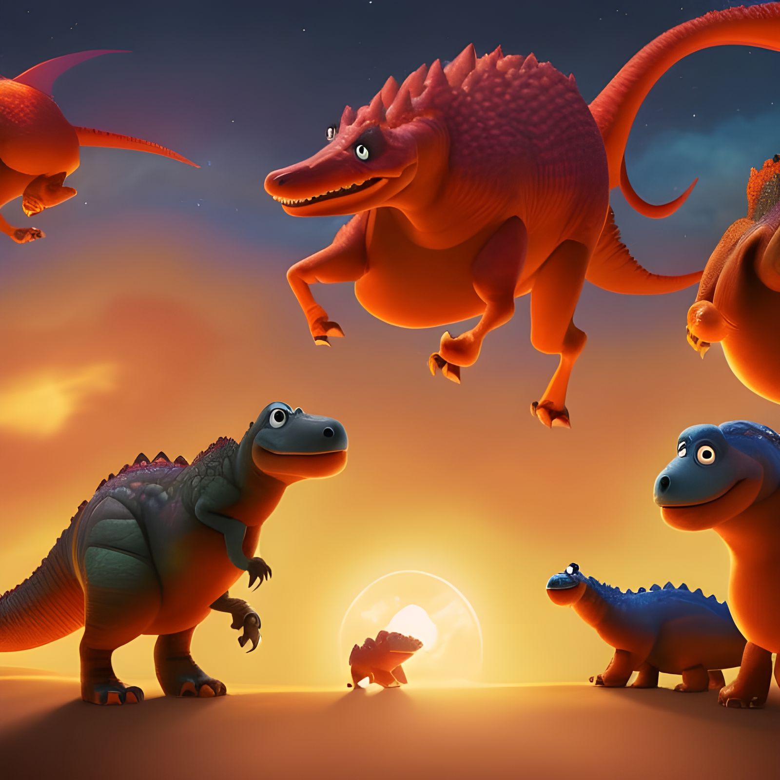 Dinosaurs Watch Comet in Cosmic Sky, Pixar Style