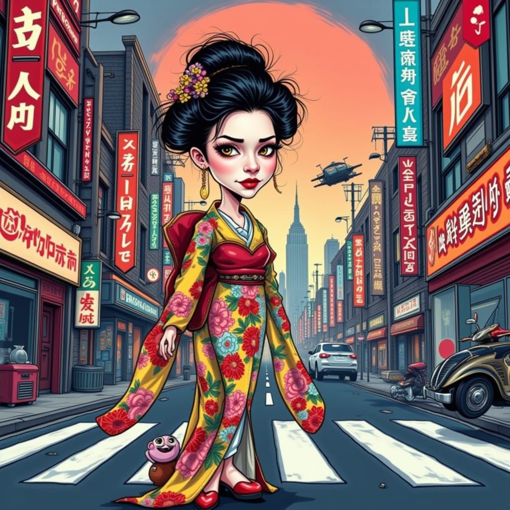 Geisha Caricature in Futuristic Cityscape