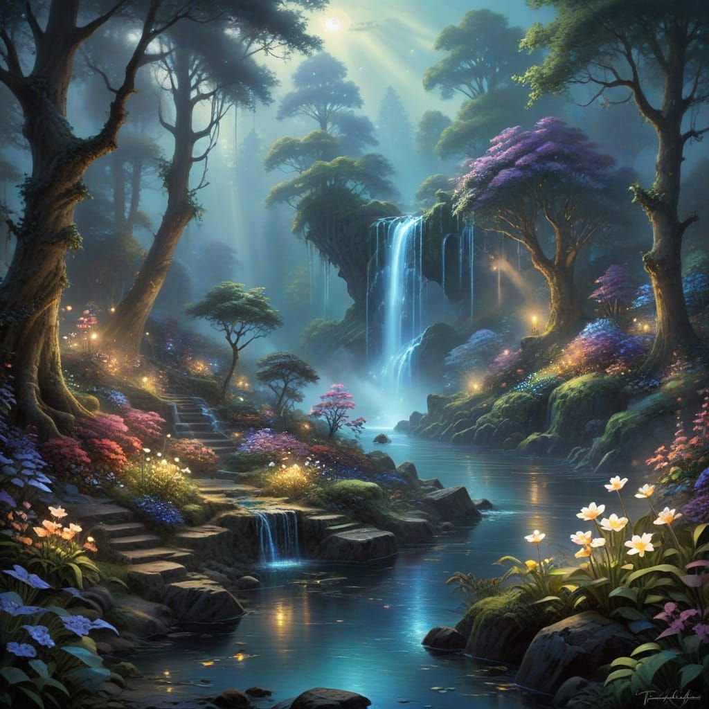 Enchanted Forest Scene with Luminous Flora and Waterfalls