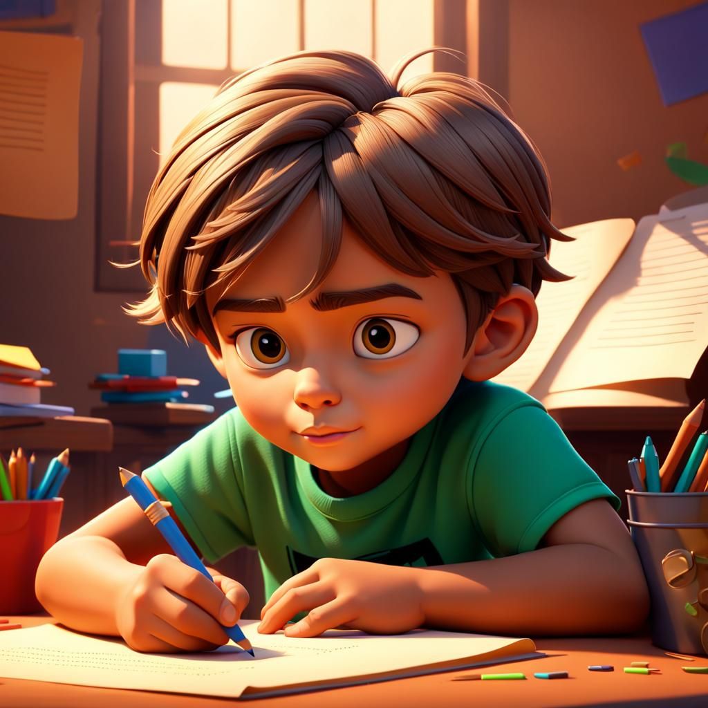 Cartoon Child Writes Note: Pixar-Style 3D Art