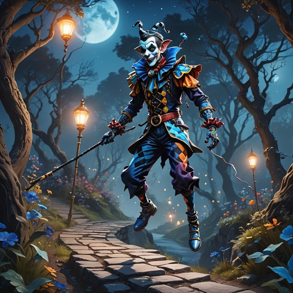 Goofy Harlequin Hopping in Moonlit Dream World