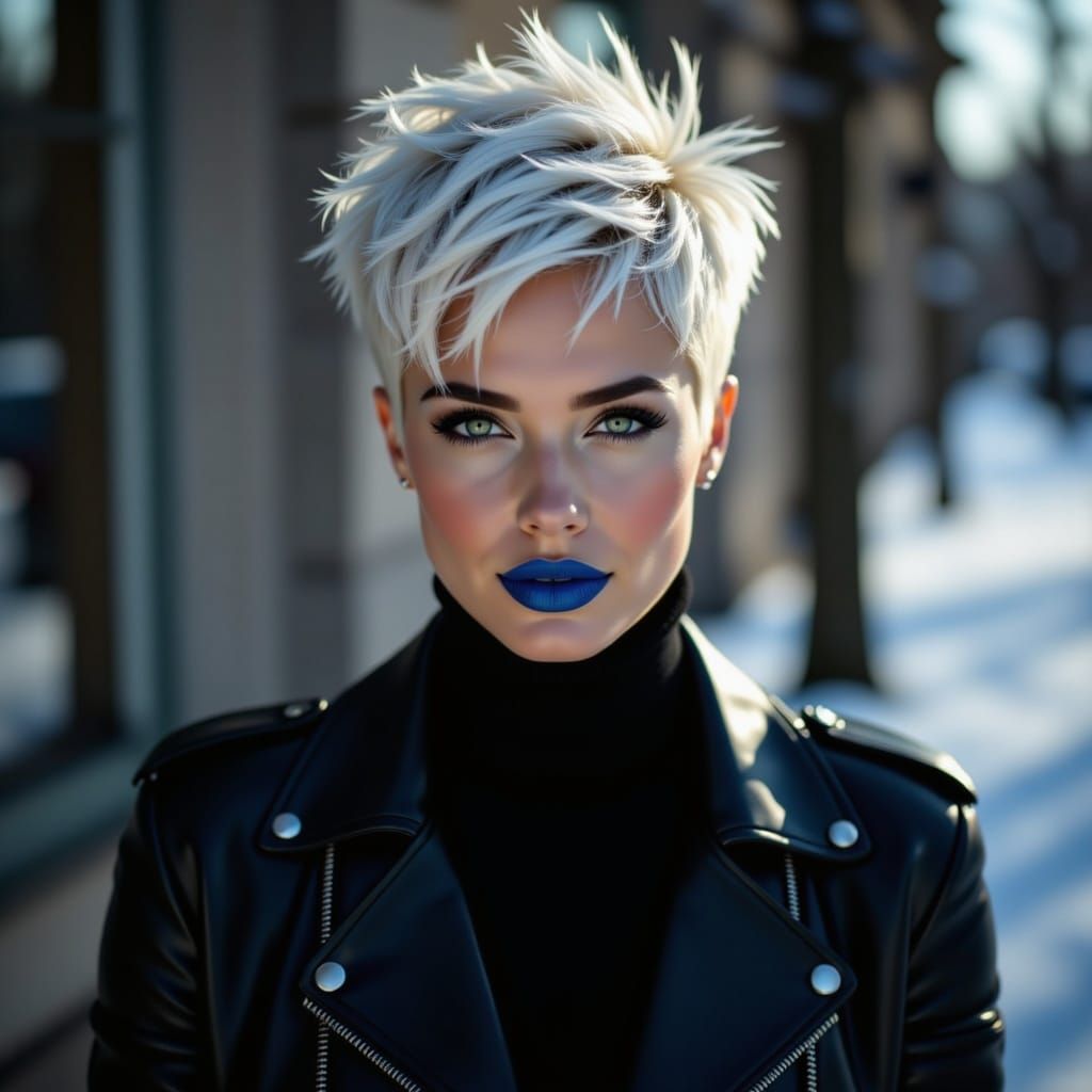 Woman in Blue Lipstick and Leather Jacket