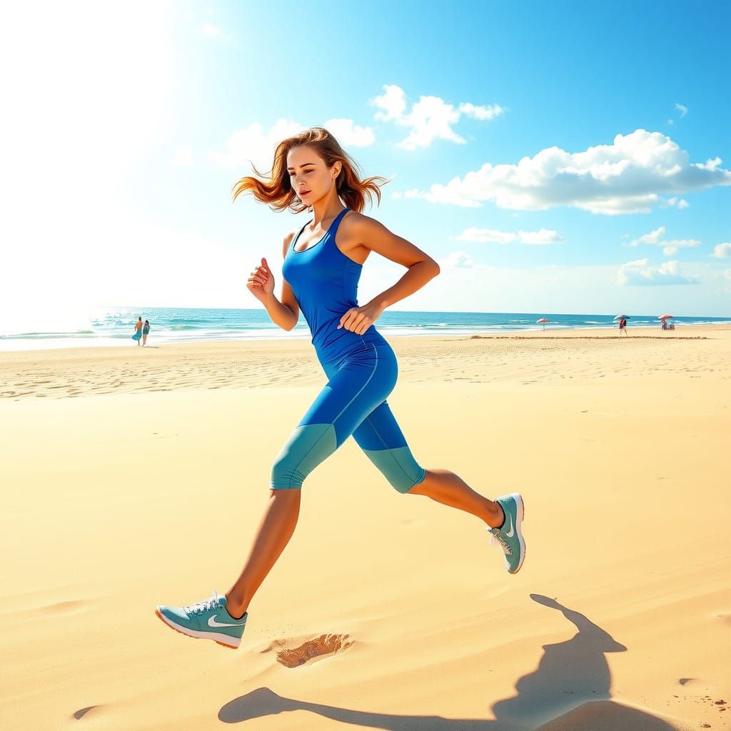 Vibrant Runner in Motion on a Sunny Beach