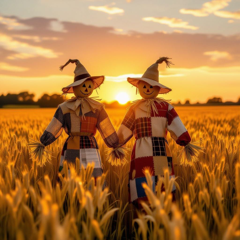 Autumn Scarecrow Couple in Golden Field
