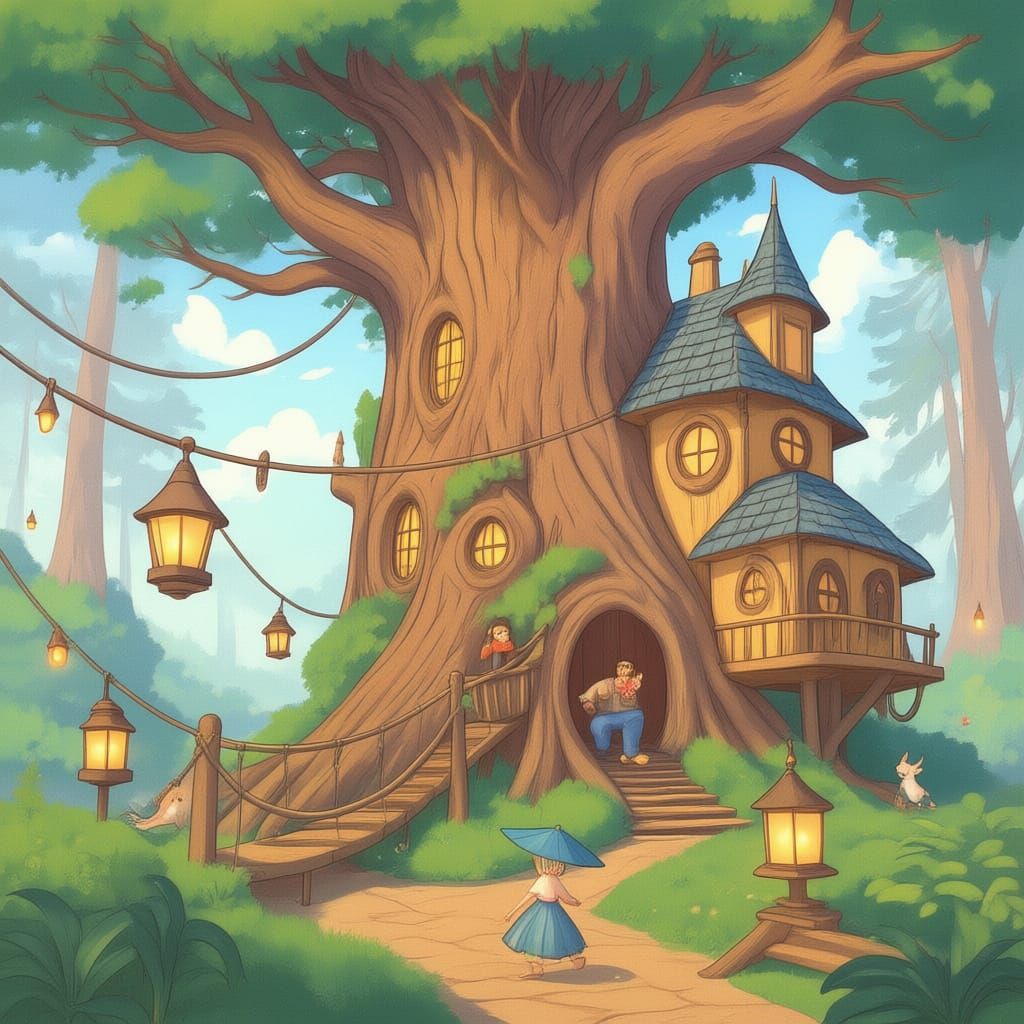 Whimsical Treehouse Village in Ancient Redwood, Storybook St...