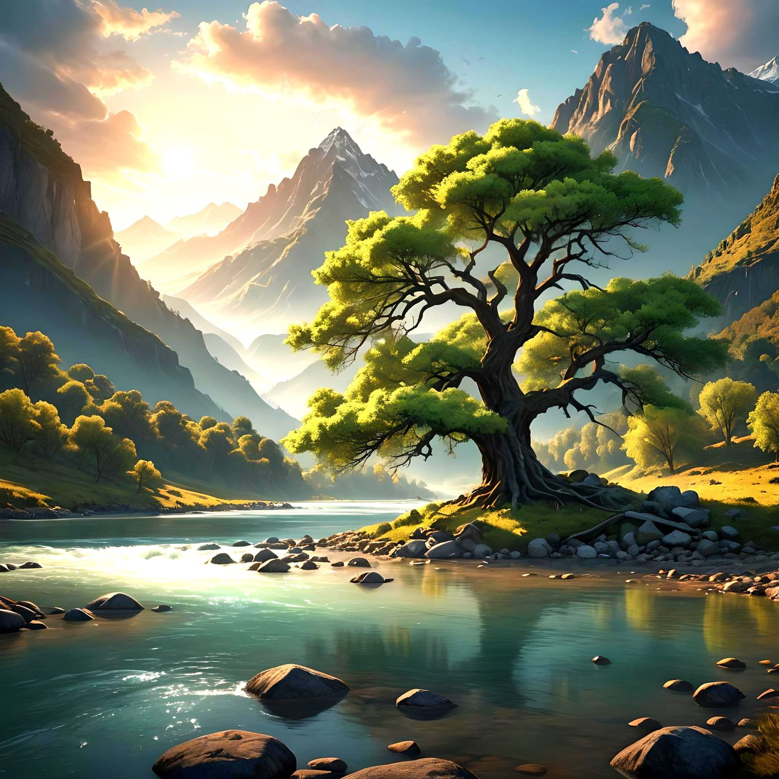 Mountain River at Dawn: A Fantasy Concept Art