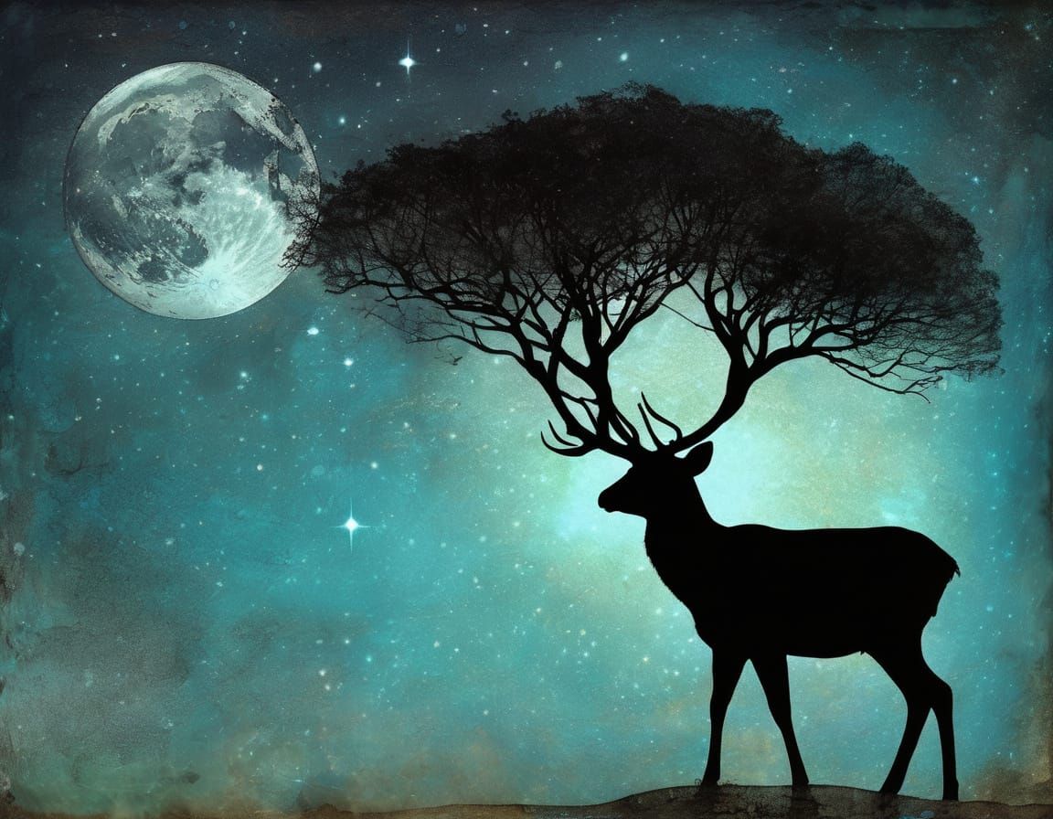 Deer Silhouette Under a Magical Moonlit Sky